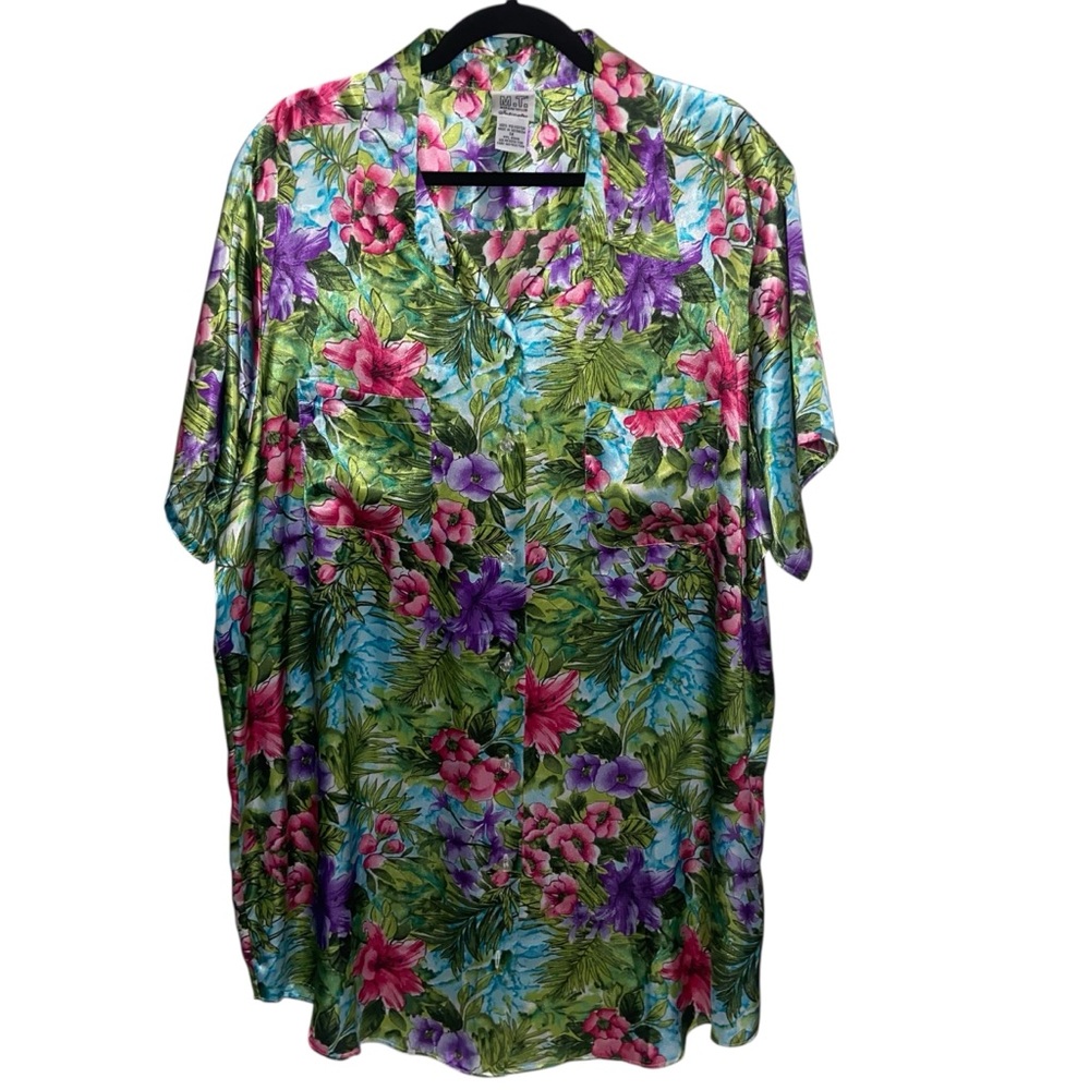 Morgan Taylor Intimates Nightgown Womens 1X Button Sleepshirt Floral Satin